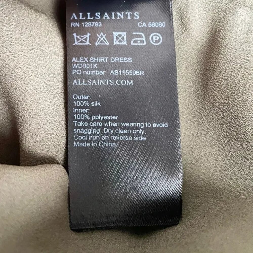 AllSaints Alex Silk Shirt Tunic Dress Olive Green Black Applique UK 10 US 6 - Picture 7 of 16